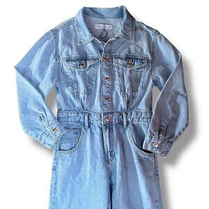 Zara Kids Jumpsuit Sz 10 Girls Blue Denim Wide Leg Coverall Boilersuit